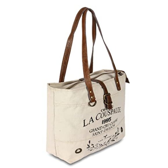 Upcycled Canvas Leather Tote Bag Boho Retro Shoulder Bag Spacious Travel - Picture 8 of 8